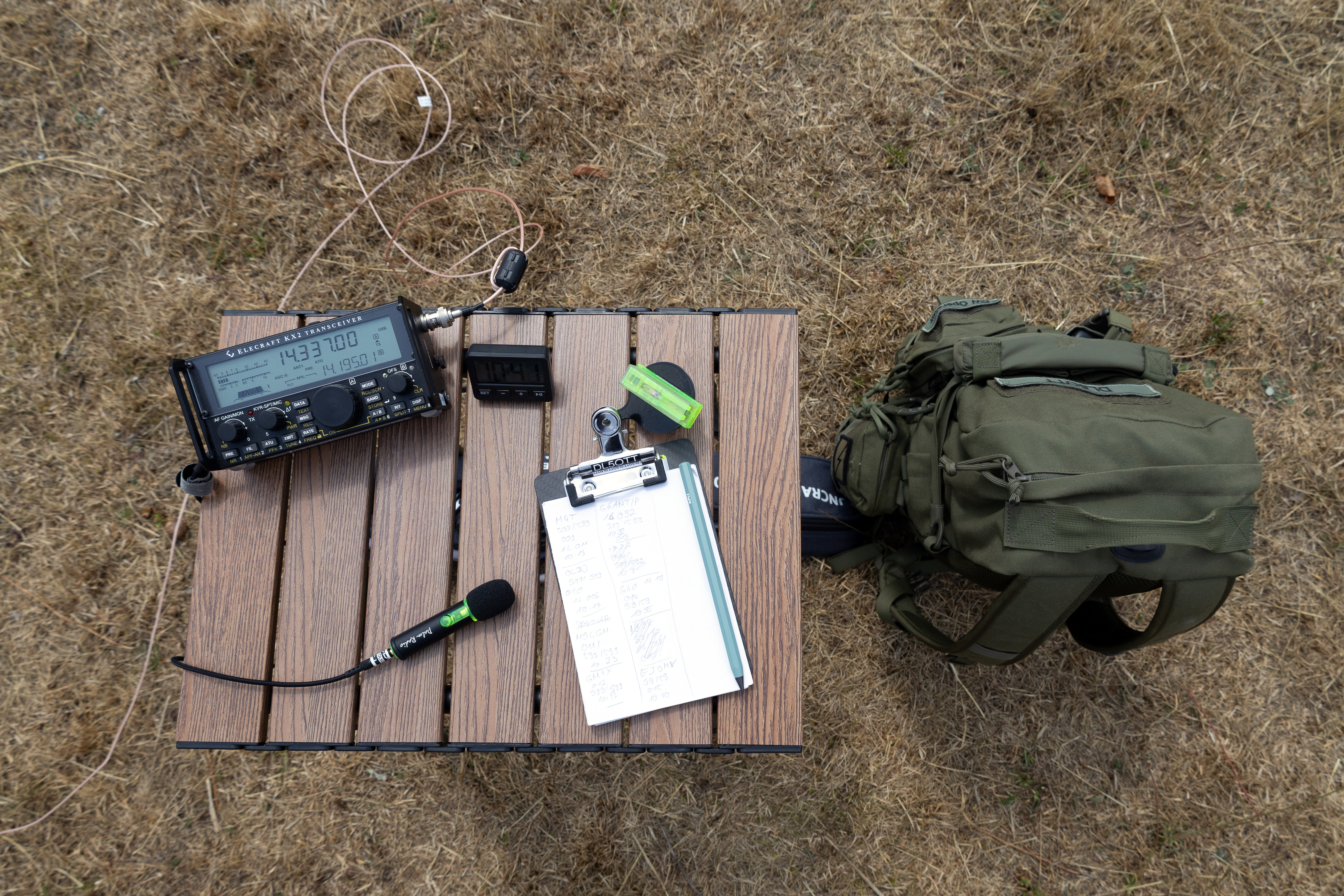 Portable radio station setup with Elecraft KX2 and equipment